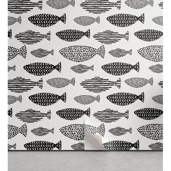 Ambesonne Fish Peel & Stick Wallpaper for Home, Sea Animals Black White, 13"x100", Black White