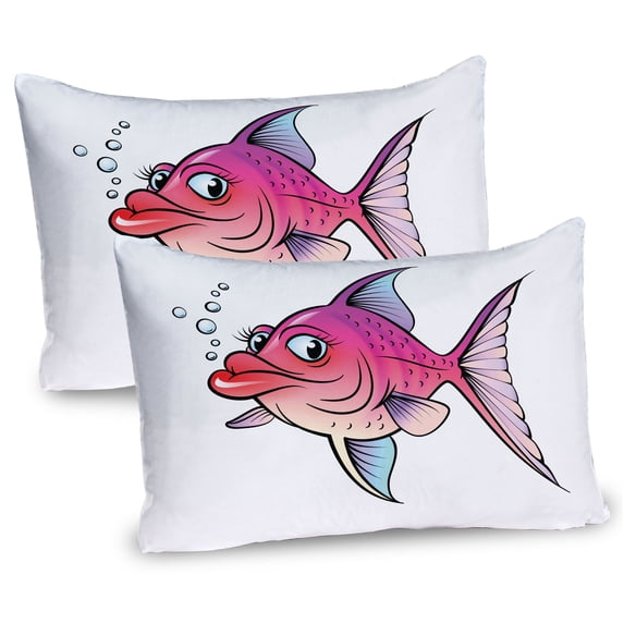 Ambesonne Fish Pillow Sham 2 Pack, Cartoon Female Goldfish, 30"x20", Hot Pink Fuchsia Purple