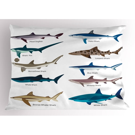Ambesonne Fish Pillow Sham, Cartoon Shark Types Wild, 36" X 20", Multicolor
