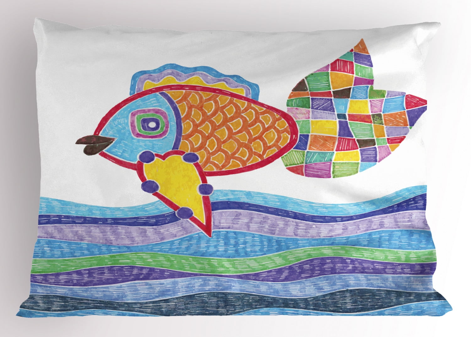 Ambesonne Fish Pillow Sham, Fish Scales and Squares Doodle, 26