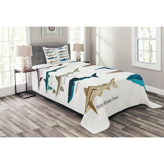 Ambesonne Fish Quilted Bedspread Set 2 Pcs, Cartoon Shark Types Wild, Twin Size, Multicolor