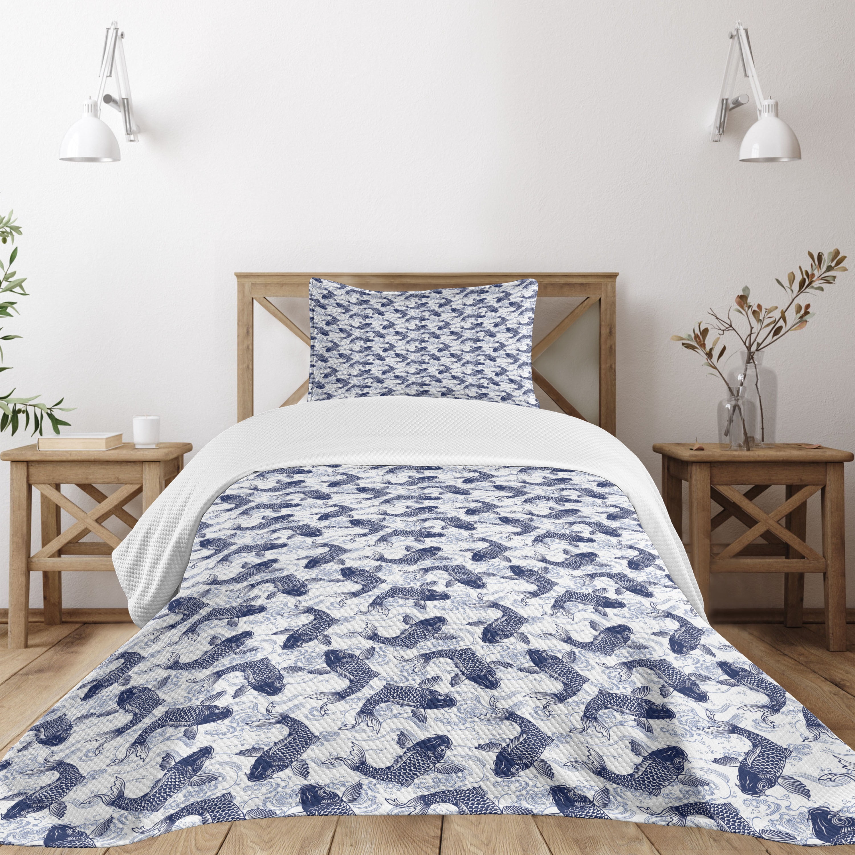 White Quilted Twin Bedspread Set with Pillow Sham