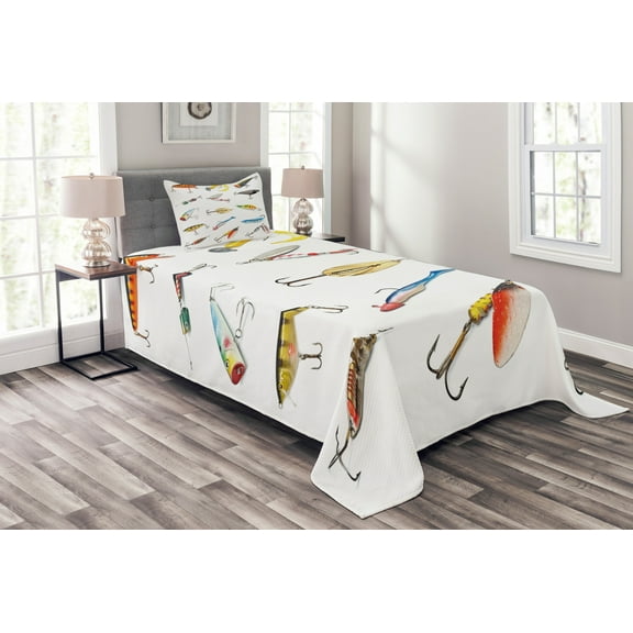 Ambesonne Fish Quilted Bedspread Set 2 Pcs, Hunting Hobby Leisure, Twin Size, Multicolor