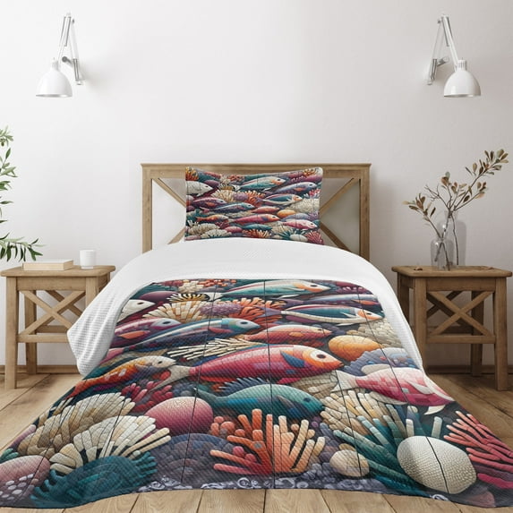 Ambesonne Fish Quilted Bedspread Set 2 Pcs, Mosaic Coral Undersea Life Art, Twin Size, Plum Orange and Teal