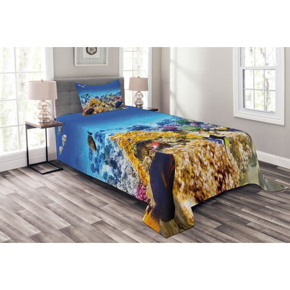Ambesonne Fish Quilted Bedspread Set 2 Pcs, Ocean Corals Goldfish, Twin Size, Turquoise