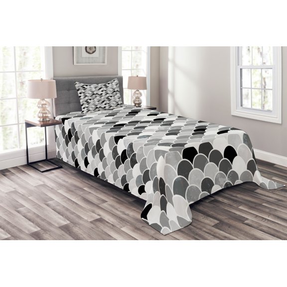Ambesonne Fish Quilted Bedspread Set 2 Pcs, Squama Motif and Scales, Twin Size, Black Grey White