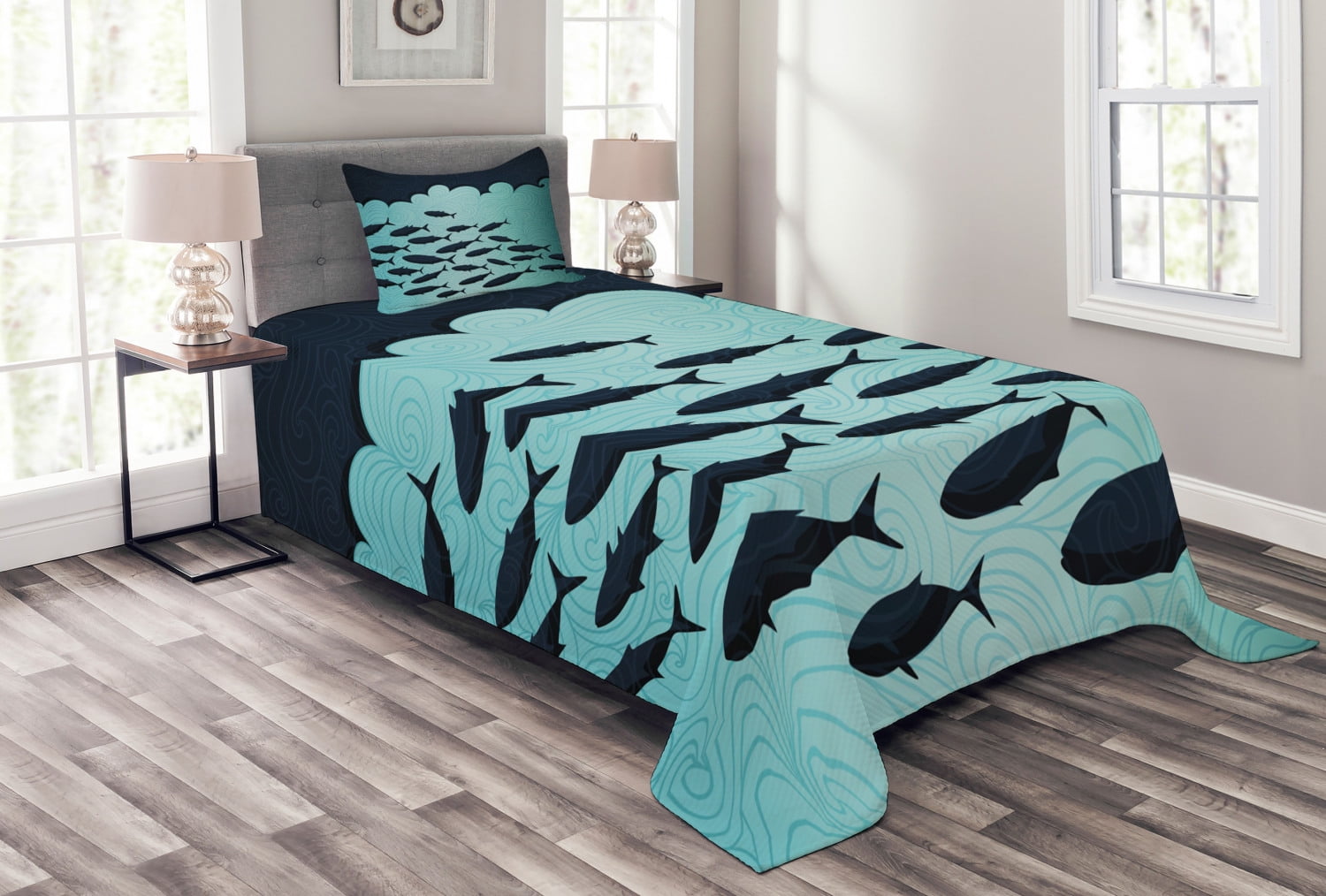 Twin Blue and Black Fish Quilted Bedspread Set