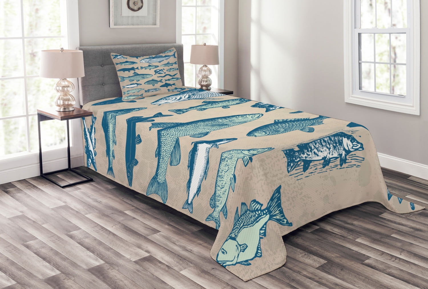 Twin White and Blue Fish Quilted Bedspread Set