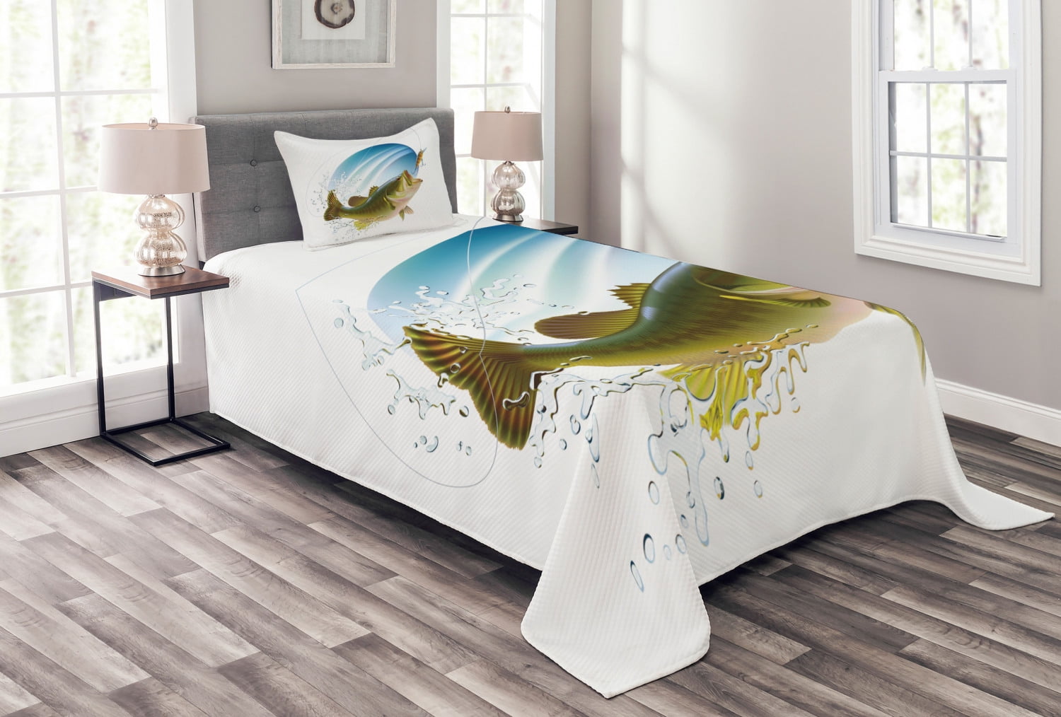 Fish Bedspread Ambesonne Fish Quilted Bedspread Set 2 Pcs, Wild Life in Nature Theme ...