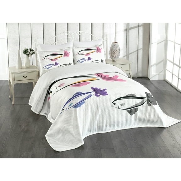 Ambesonne Fish Quilted Bedspread Set 3 Pcs, Bird Faced Animals Swim, King Size, Dried Rose Dimgrey