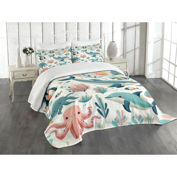 Ambesonne Fish Quilted Bedspread Set 3 Pcs, Cartoon Underwater Friends, King Size, Cadet Blue Blush Orange