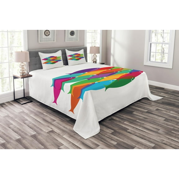 Ambesonne Fish Quilted Bedspread Set 3 Pcs, Colorful Shoal Art, Queen Size, Multicolor