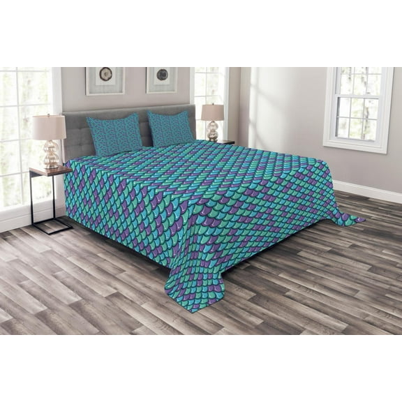 Ambesonne Fish Quilted Bedspread Set 3 Pcs, Dragonscale Ornate Motif, King Size, Blue Violet Sea Green