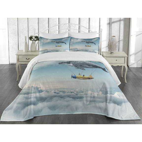 Ambesonne Fish Quilted Coverlet 3 Pcs, Dreamy View Whale Clouds, Queen Size, Pale Blue Yellow White