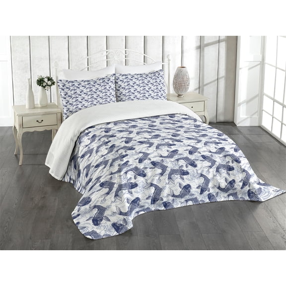 Ambesonne Fish Quilted Bedspread Set 3 Pcs, Eastern Traditional Animal, Queen Size, Dark Blue White