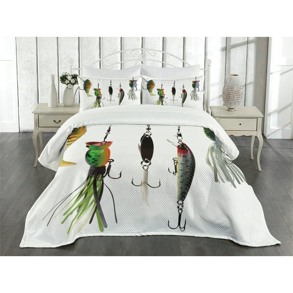 Ambesonne Fish Quilted Bedspread Set 3 Pcs, Fishing Baits Hobby Leisure, King Size, Multicolor