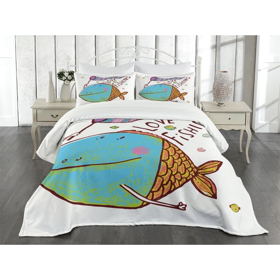 Ambesonne Fish Quilted Bedspread Set 3 Pcs, Funny Cartoon Illustration, Queen Size, Multicolor
