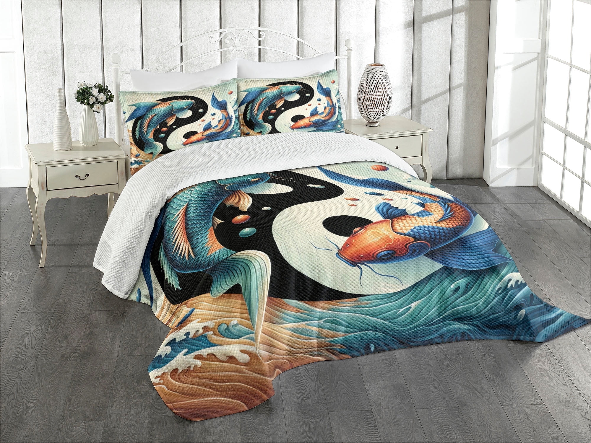 Fish Bedspread Ambesonne Fish Quilted Bedspread Set 3 Pcs, Koi on Yin Yang Symbol ...