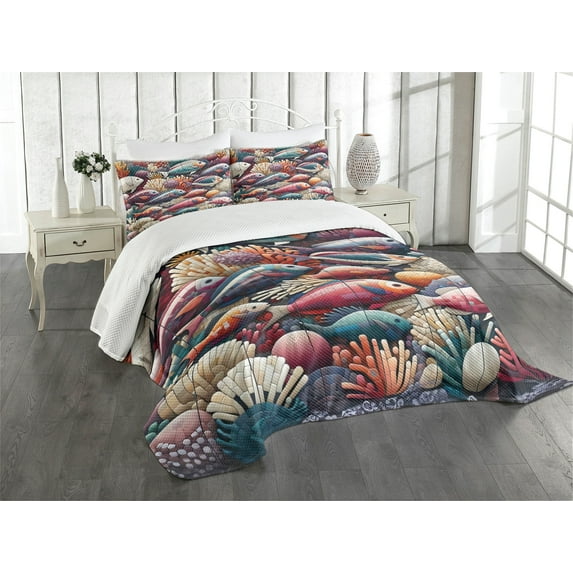 Ambesonne Fish Quilted Bedspread Set 3 Pcs, Mosaic Coral Undersea Life Art, King Size, Plum Orange and Teal