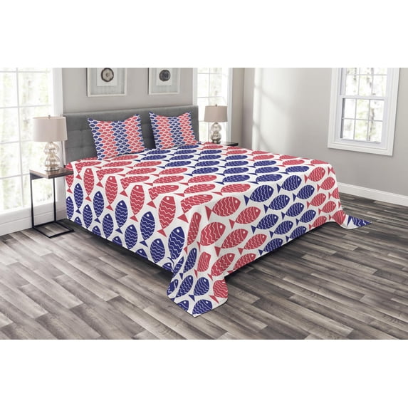 Ambesonne Fish Quilted Bedspread Set 3 Pcs, Nautical Fish Theme Design, King Size, Red and Navy Blue
