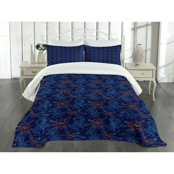 Ambesonne Fish Quilted Bedspread Set 3 Pcs, Oriental Sacered Carp Koi, King Size, Royal Blue Aqua Orange