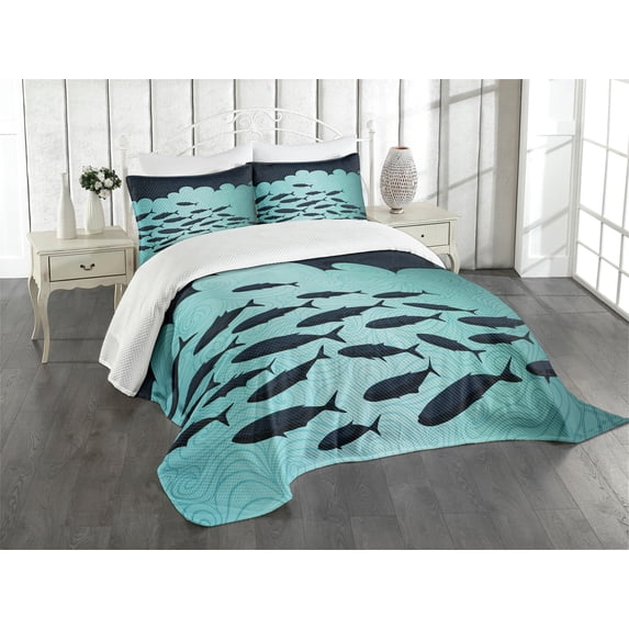 Ambesonne Fish Quilted Bedspread Set 3 Pcs, Surreal Ocean Life Theme, Queen Size, Blue Turquoise