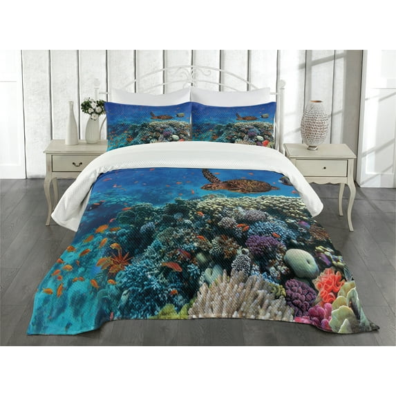 Ambesonne Fish Quilted Bedspread Set 3 Pcs, Tropical Turtle Water, King Size, Multicolor