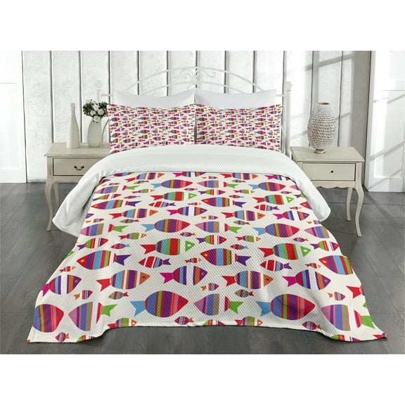 Ambesonne Fish Quilted Bedspread Set 3 Pcs, Vibrant Striped Fishes, King Size, Multicolor