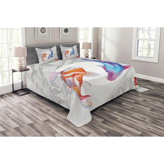 Ambesonne Fish Quilted Bedspread Set 3 Pcs, Watercolor Japanese Carps, King Size, Blue Orange