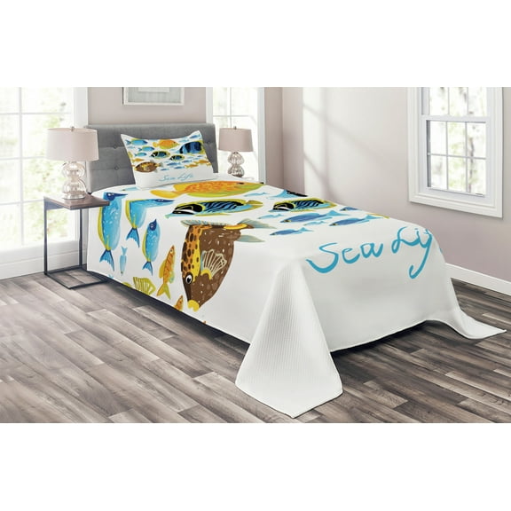 Ambesonne Fish Quilted Coverlet 2 Pcs, Cartoon Sea Life Theme, Twin Size, Multicolor