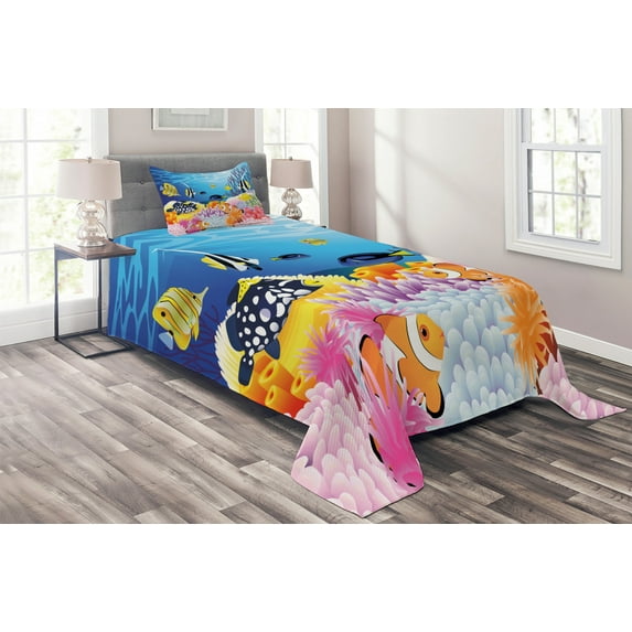 Ambesonne Fish Quilted Coverlet 2 Pcs, Fish Coral Reefs, Twin Size, Multicolor