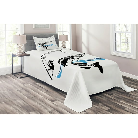 Ambesonne Fish Quilted Coverlet 2 Pcs, Hand Drawn Art Nautical, Twin Size, Black Blue