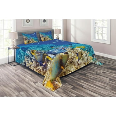 Ambesonne Fish Quilted Coverlet 3 Pcs, Aquatic Corals, Queen Size, Turquoise Pale Yellow