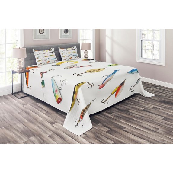 Ambesonne Fish Quilted Coverlet 3 Pcs, Hunting Hobby Leisure, Queen Size, Multicolor