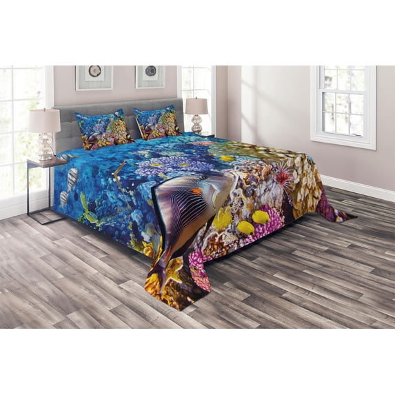 Ambesonne Fish Quilted Coverlet 3 Pcs, Ocean Beauties, King Size, Multicolor