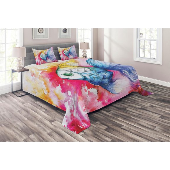 Ambesonne Fish Quilted Coverlet 3 Pcs, Watercolor Abstract Art, Queen Size, Multicolor