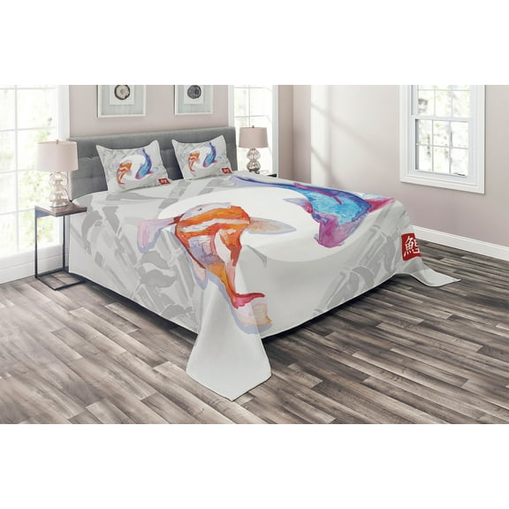 Ambesonne Fish Quilted Coverlet 3 Pcs, Watercolor Japanese Carps, King Size, Blue Orange