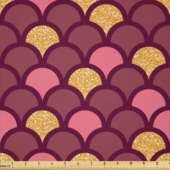 Ambesonne Fish Scale Fabric by the Yard Microfiber, Modern Arc Shapes, 2 Yards, Maroon Pink and Yellow