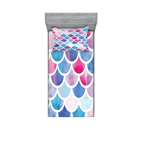 Ambesonne Fish Scale Fitted Sheet & Pillow Sham Set, Pastel Mermaid Pattern, Twin, Multicolor