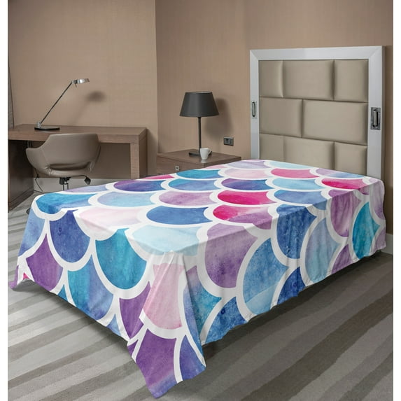 Ambesonne Fish Scale Flat Sheet, Pastel Mermaid Pattern, Twin Size, Multicolor