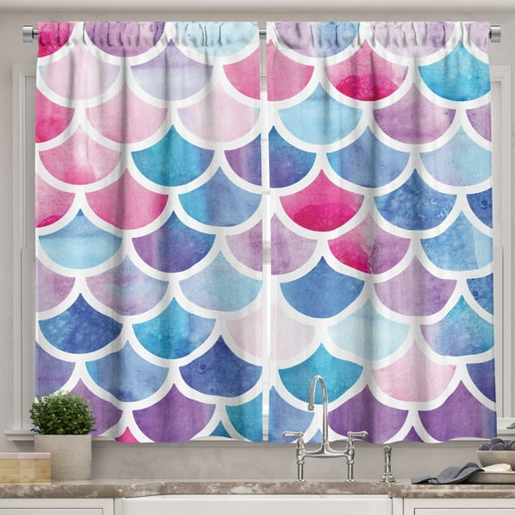Ambesonne Fish Scale Kitchen Curtains, Pastel Mermaid Pattern, 55"x39", Multicolor