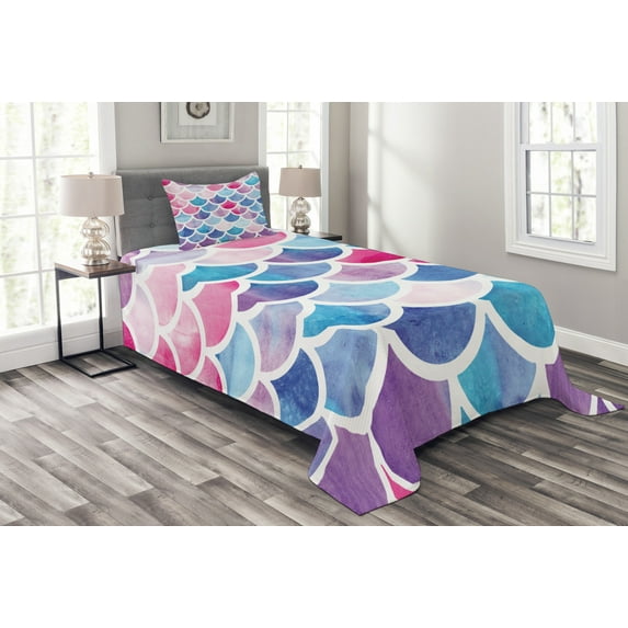 Ambesonne Fish Scale Quilted Bedspread Set 2 Pcs, Pastel Mermaid Pattern, Twin Size, Multicolor