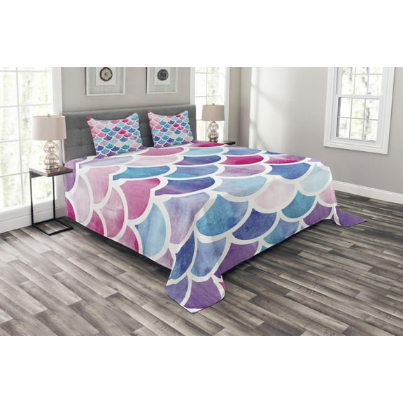 Ambesonne Fish Scale Quilted Bedspread Set 3 Pcs, Pastel Mermaid Pattern, King Size, Multicolor