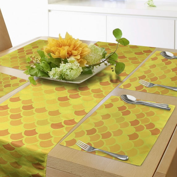 Ambesonne Fish Scale Table Runner & Placemats, Squama Mermaid Scales, Placemat 4 pcs + Runner 14"x72", Pale Yellow Mustard
