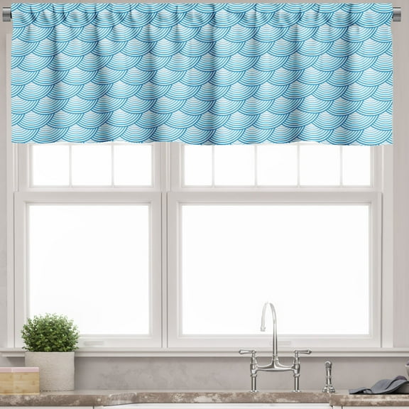 Ambesonne Fish Scale Window Valance, Retro Blue Ombre, 54" X 18", Pale Blue and White