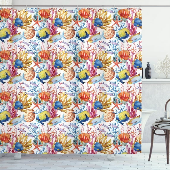 Ambesonne Fish Shower Curtain, Coral Reef Scallop Shells, 69"Wx70"L, Multicolor
