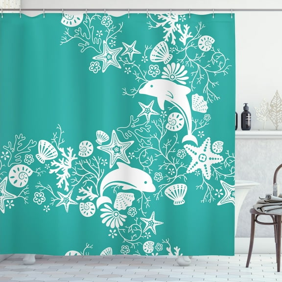 Ambesonne Fish Shower Curtain, Dolphins and Flowers, 69"Wx70"L, Sea Green White