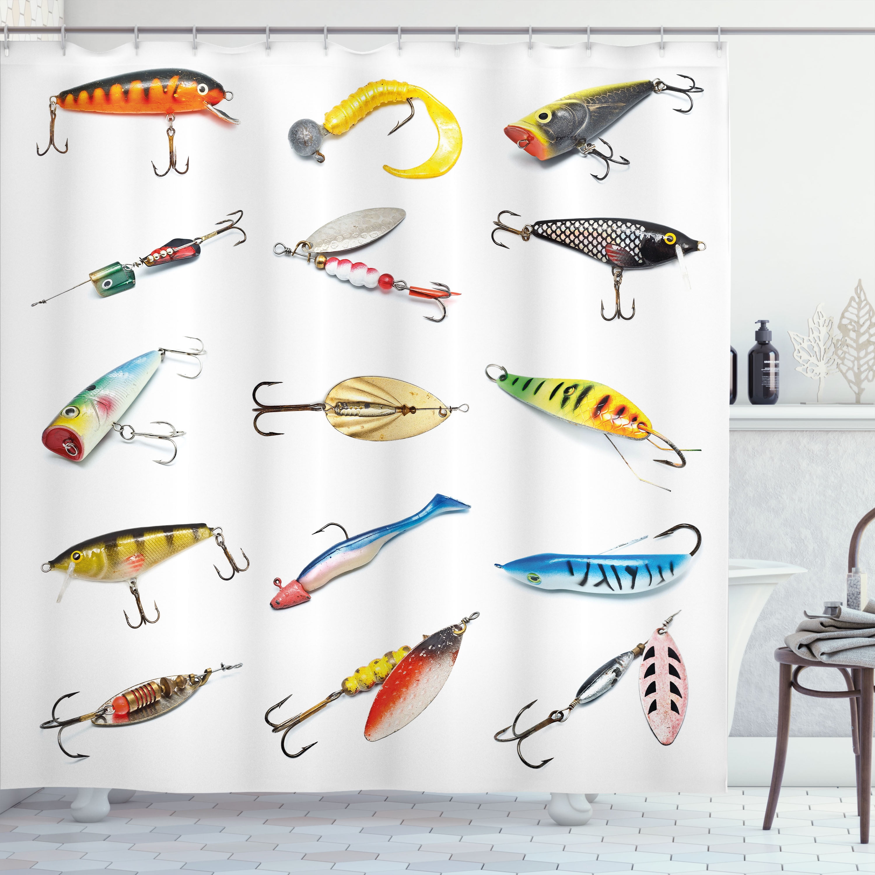 Fishing Shower Curtain, Several Fish Hook Equipment Objects