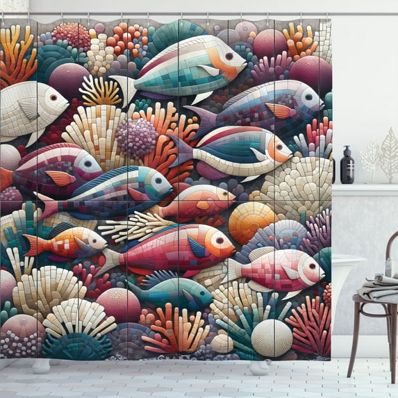 Ambesonne Fish Shower Curtain, Mosaic Coral Undersea Life Art, 69"Wx70"L, Plum Orange and Teal