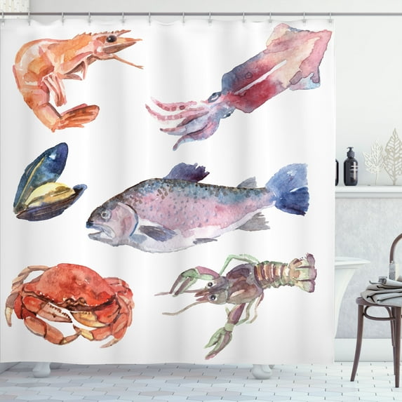 Ambesonne Fish Shower Curtain, Sea Animals Watercolor, 69"Wx70"L, Mustard Navy